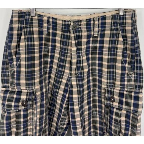 American Eagle Mens Vintage Beige Blue Plaid Cargo Shorts Size 34 EUC Classic - Picture 3 of 8